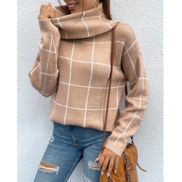 Boho Cozy Stripes Turtleneck Knit Sweater Top Apricot - Picture 1 of 6